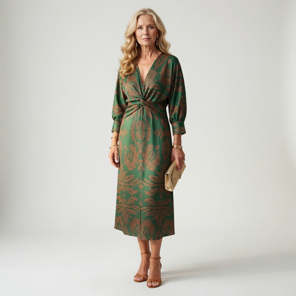 Elegant Printed Wrap Midi Dress