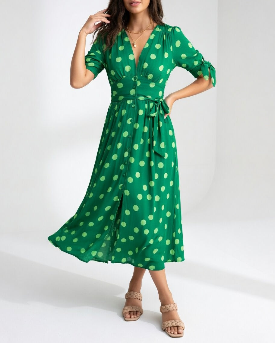 Polka Dot Midi Dress Natural Elegance