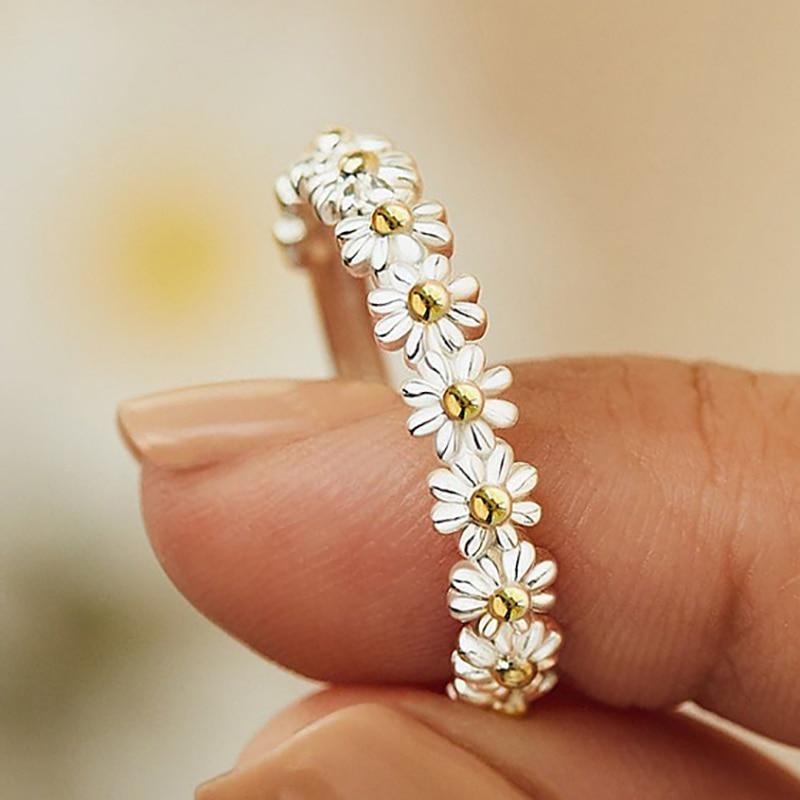 Hand Painted Enamel Daisy Adjustable Silver Ring