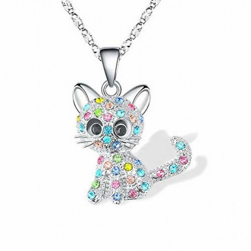 Silver Necklace with Colored Zirconia Kitten
