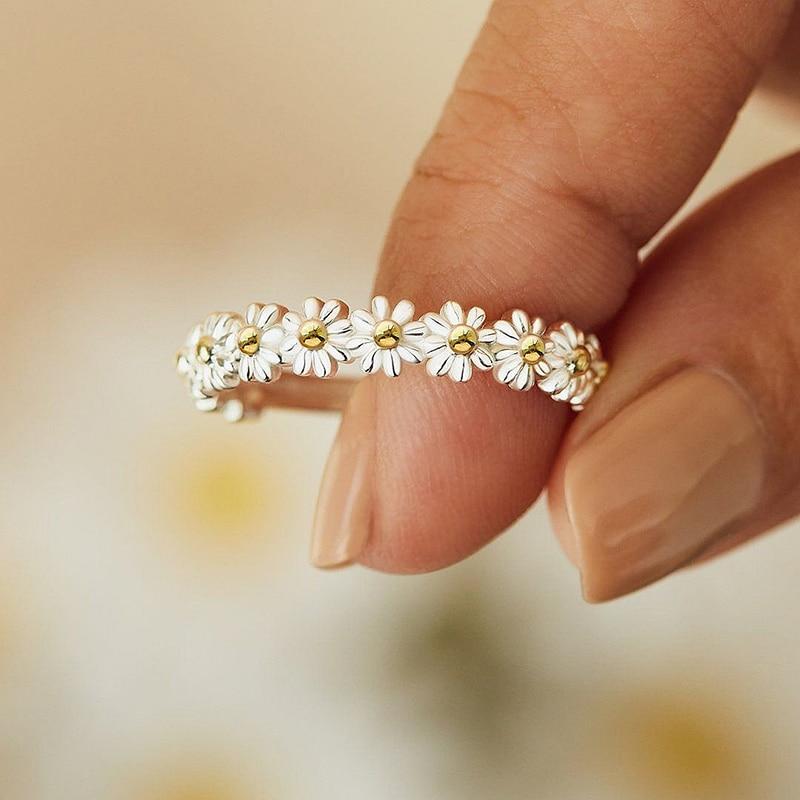 Hand Painted Enamel Daisy Adjustable Silver Ring