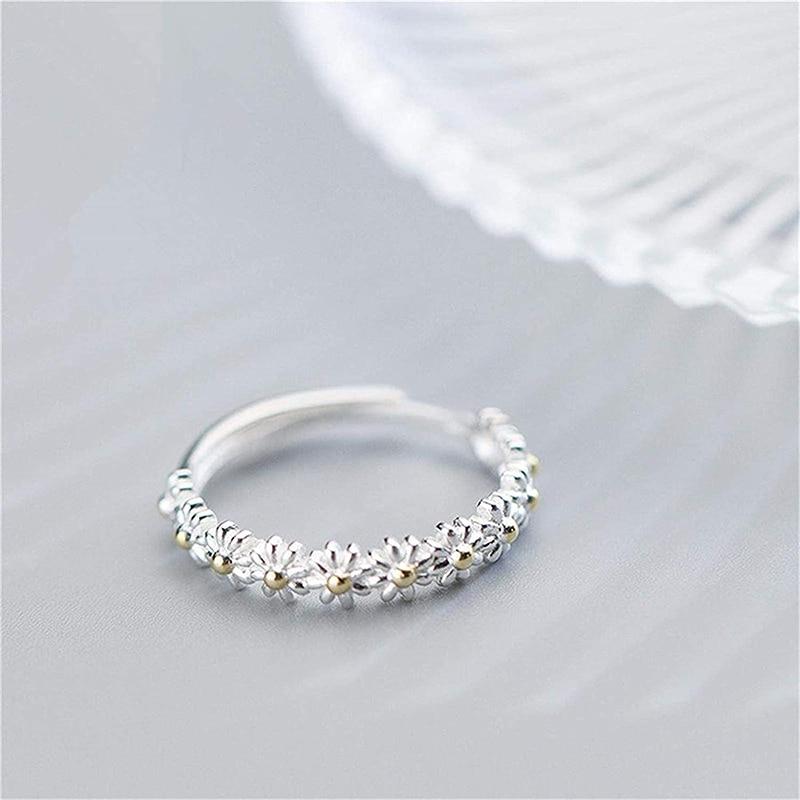 Hand Painted Enamel Daisy Adjustable Silver Ring