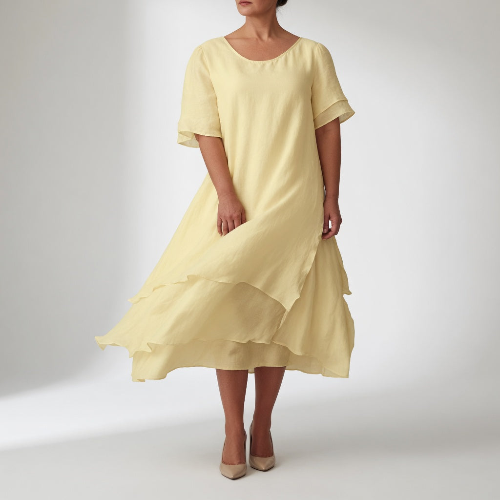 Layered Midi Dress with Short Sleeves and Asymmetric Hem