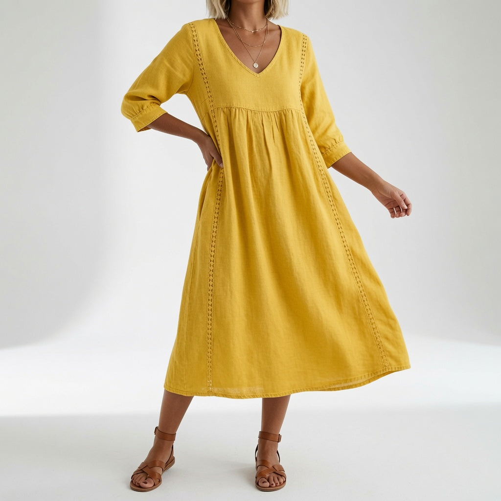 Flowy Midi Dress Natural Elegance - Yellow