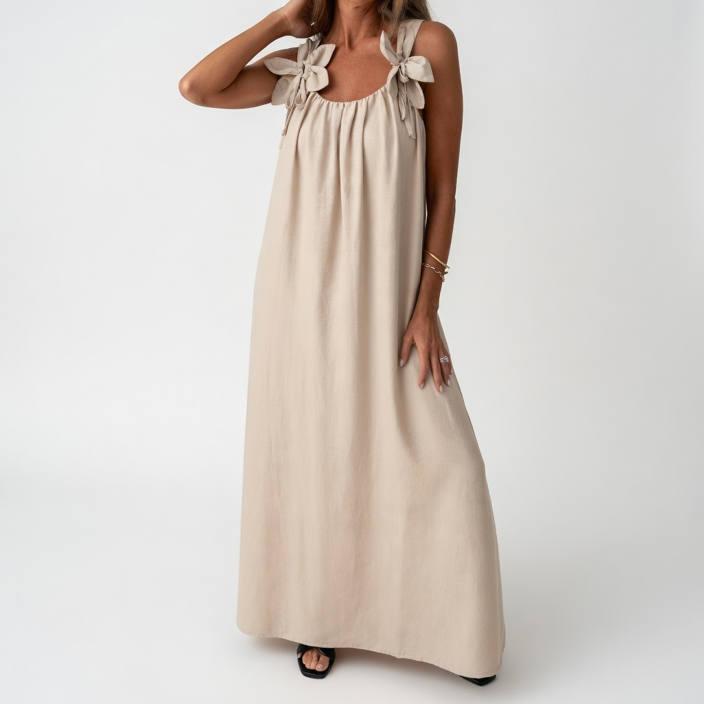 Flowy Maxi Dress with Floral Shoulders Natural Summer Elegance