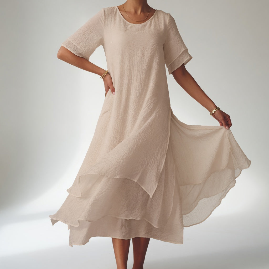 Layered Midi Dress with Short Sleeves and Asymmetric Hem