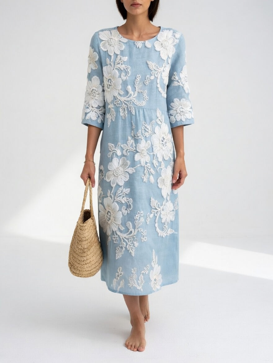 Elegant Flowy Floral Midi Dress - Blue