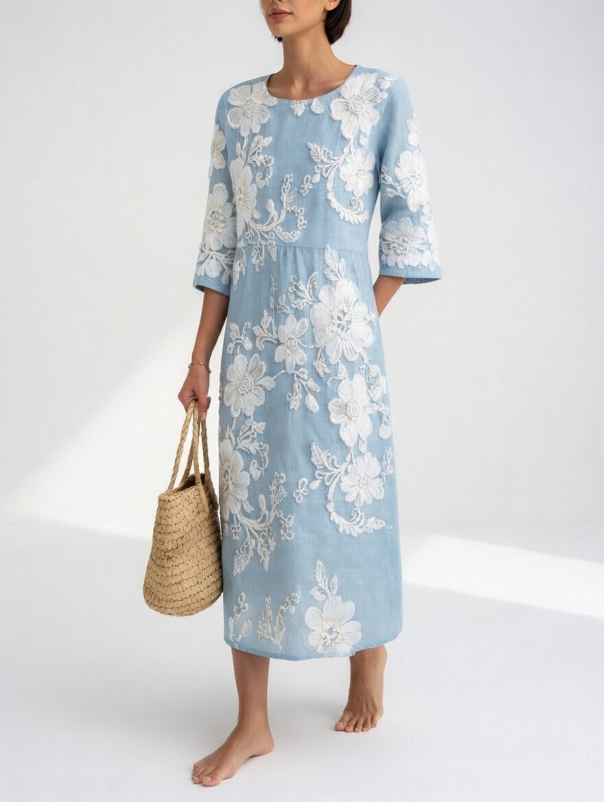 Elegant Flowy Floral Midi Dress - Blue