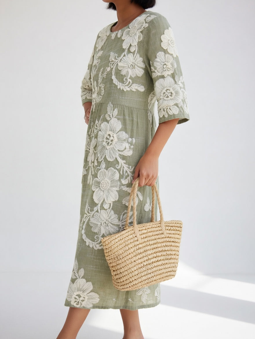 Elegant Flowy Floral Midi Dress - Blue