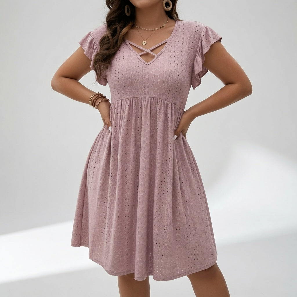 Crossover V Neck Mini Dress with Ruffle Sleeves Summer Elegance