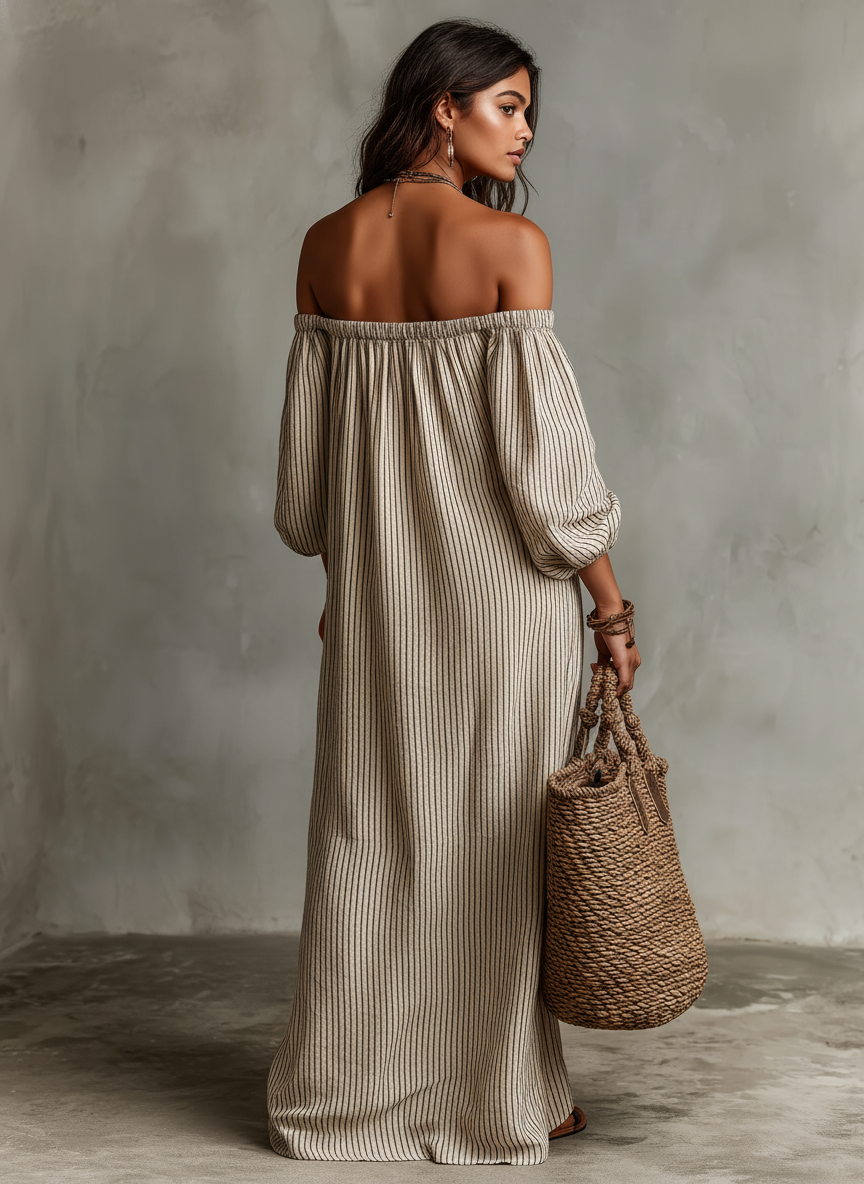 Cotton Linen Maxi Dress with Plunging Neckline