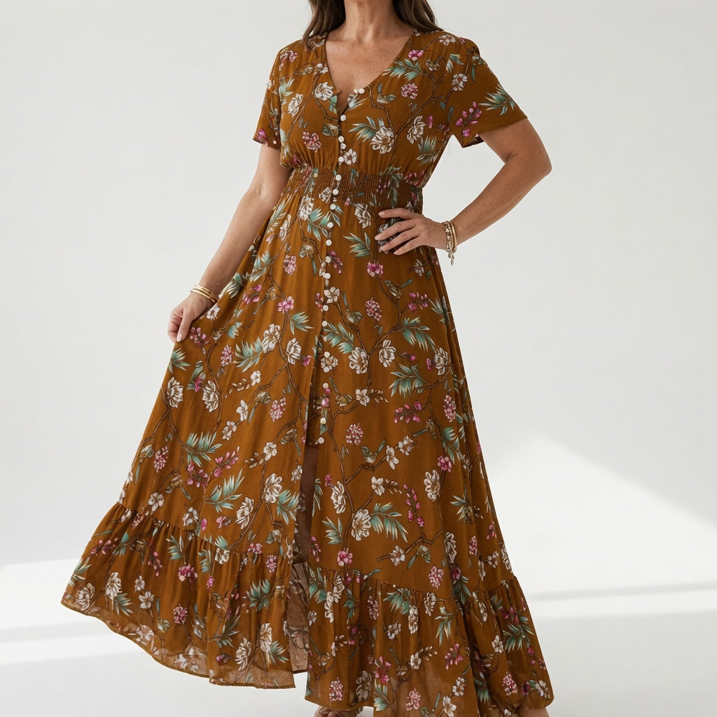 Floral V Neck Maxi Dress with Romantic Slit