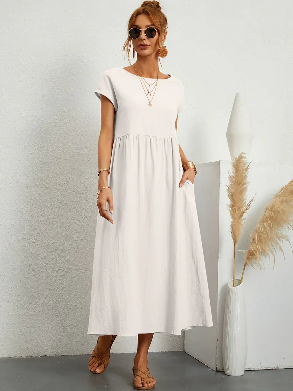 Flowy Midi Dress Timeless Elegance - White