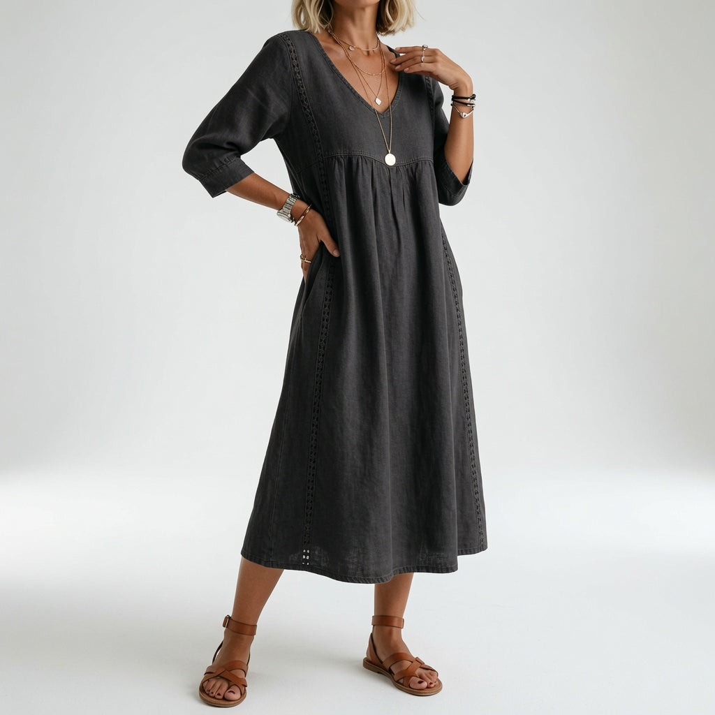 Flowy Midi Dress Natural Elegance - Yellow