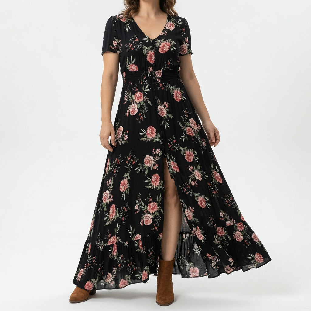 Floral V Neck Maxi Dress with Romantic Slit
