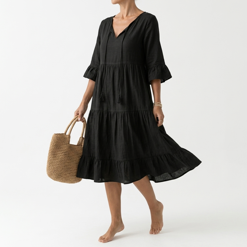 Smocked V Neck Dress with Ruffle Sleeves