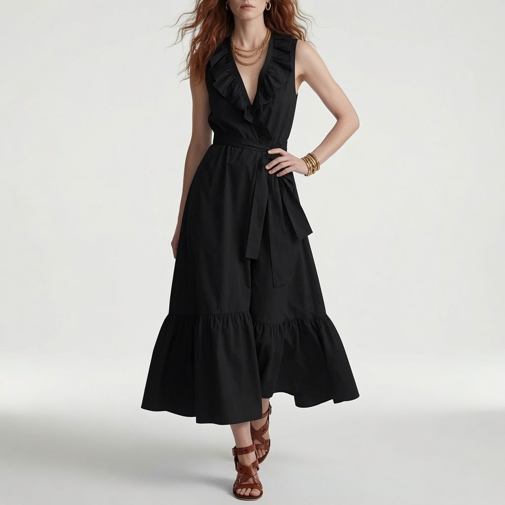 V Neck Maxi Dress with Ruffles and Elegant Belt