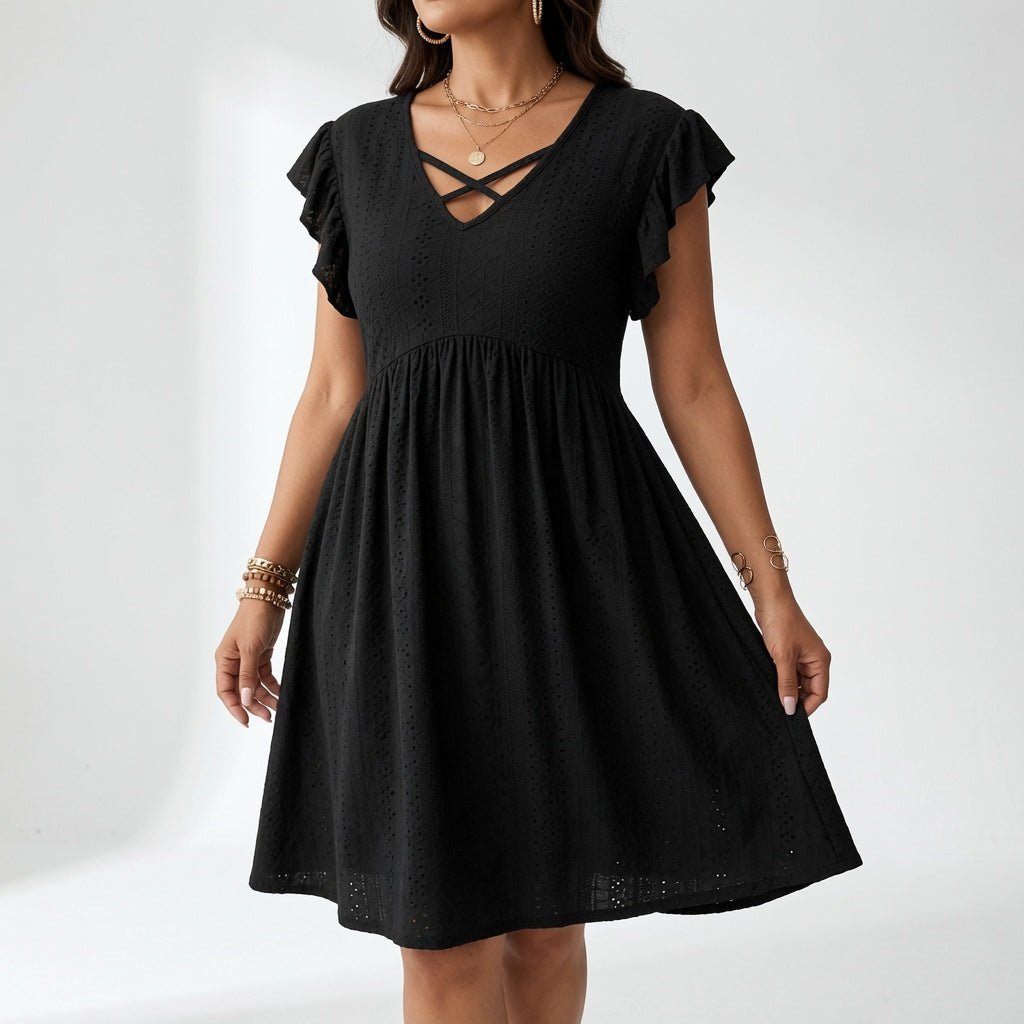 Crossover V Neck Mini Dress with Ruffle Sleeves Summer Elegance