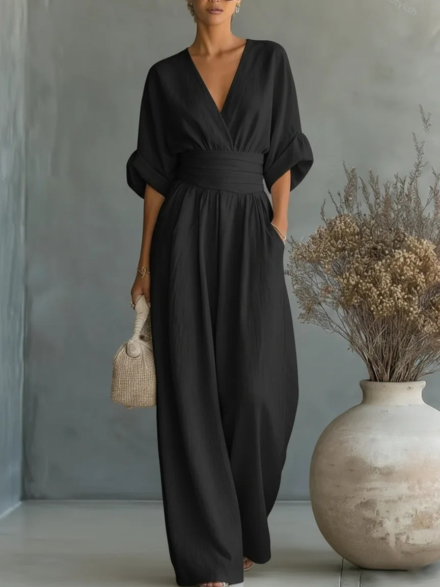 Elegant V Neck Dress with Open Back and Flowy Sleeves