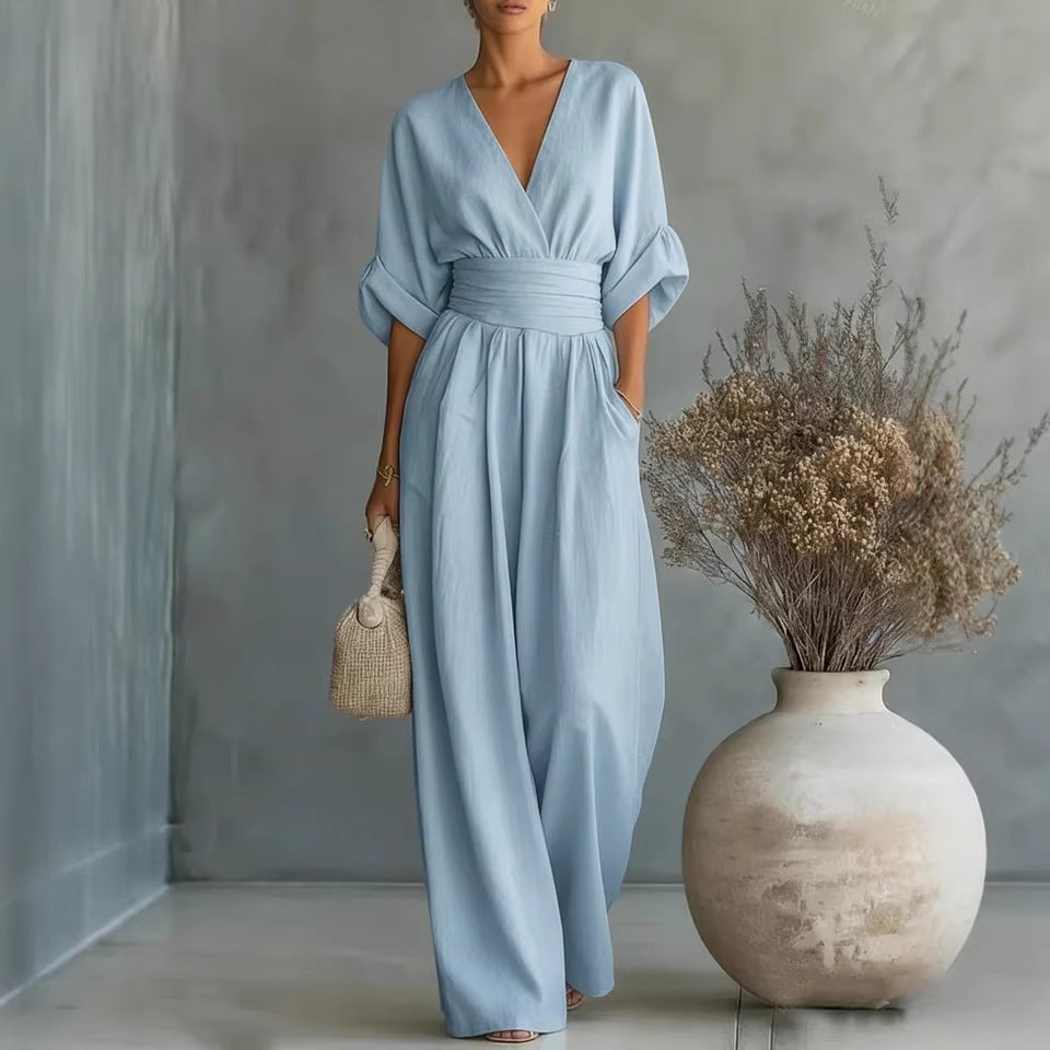 Elegant V Neck Dress with Open Back and Flowy Sleeves