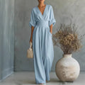 Elegant V Neck Dress with Open Back and Flowy Sleeves