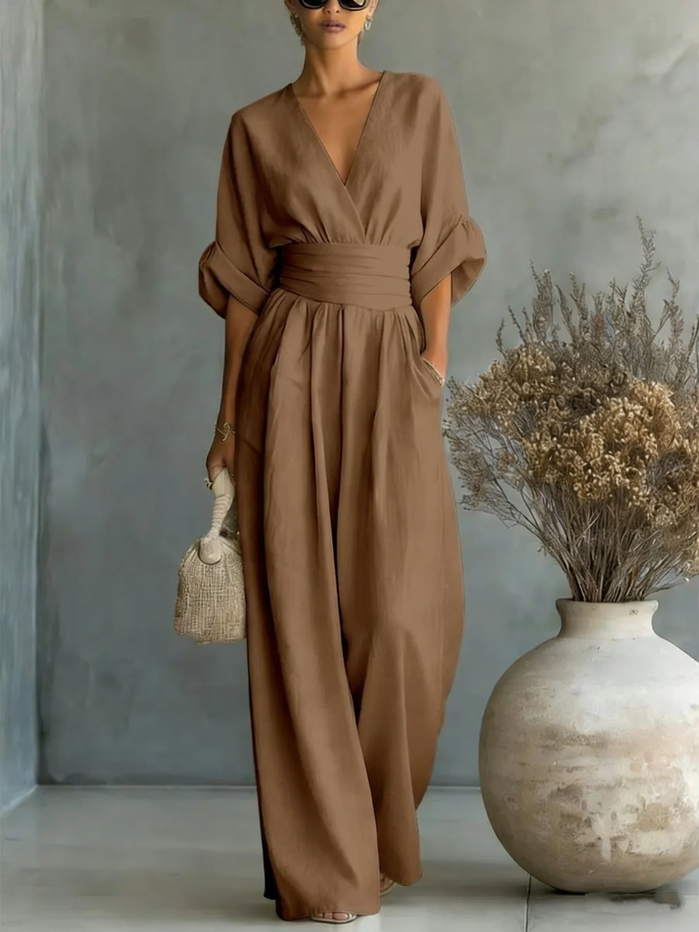 Elegant V Neck Dress with Open Back and Flowy Sleeves