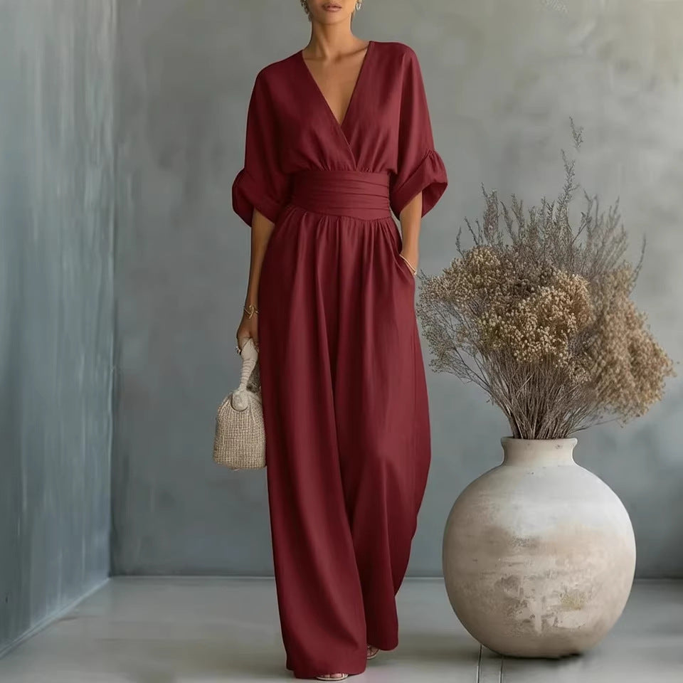 Elegant V Neck Dress with Open Back and Flowy Sleeves