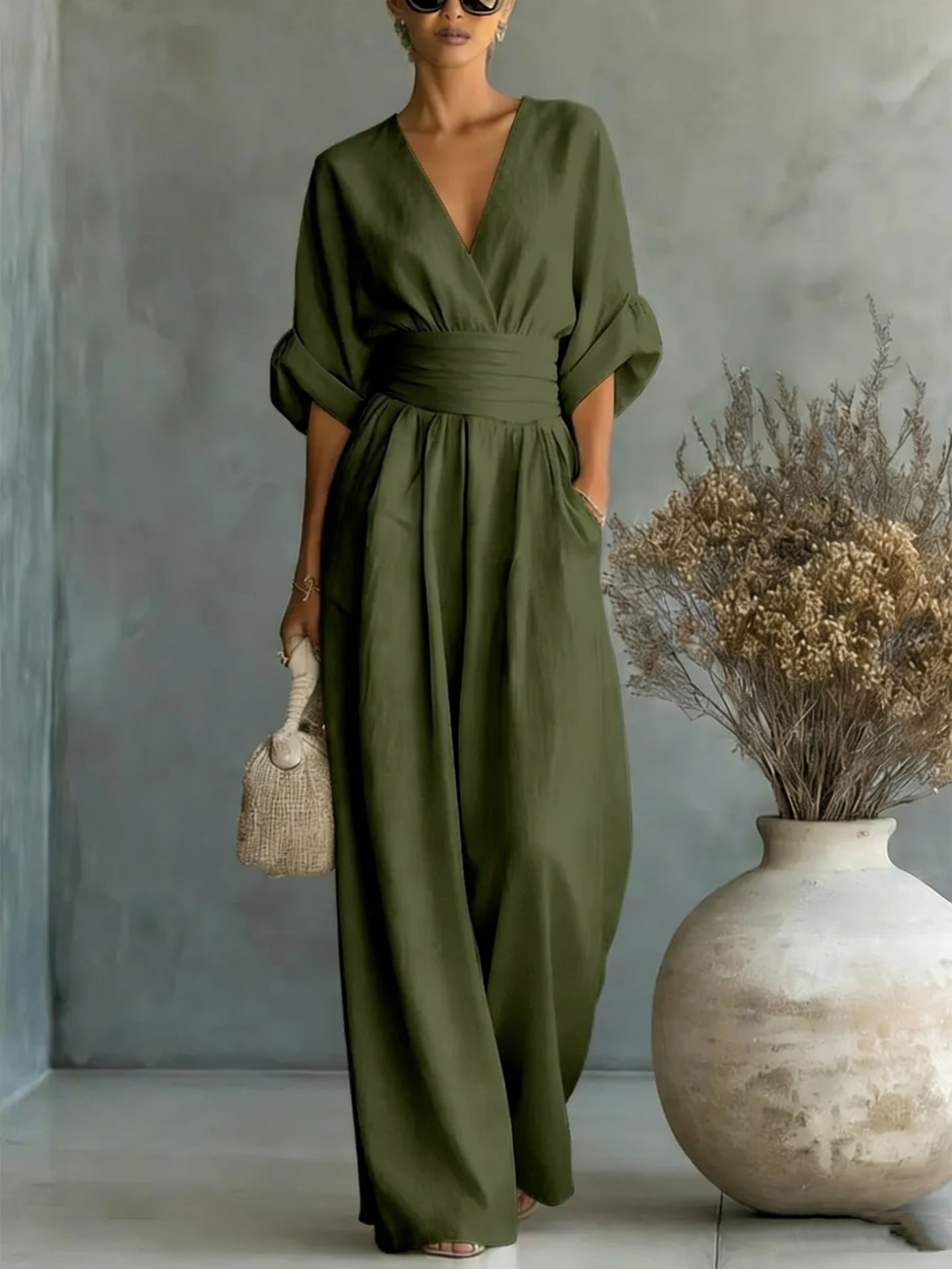 Elegant V Neck Dress with Open Back and Flowy Sleeves