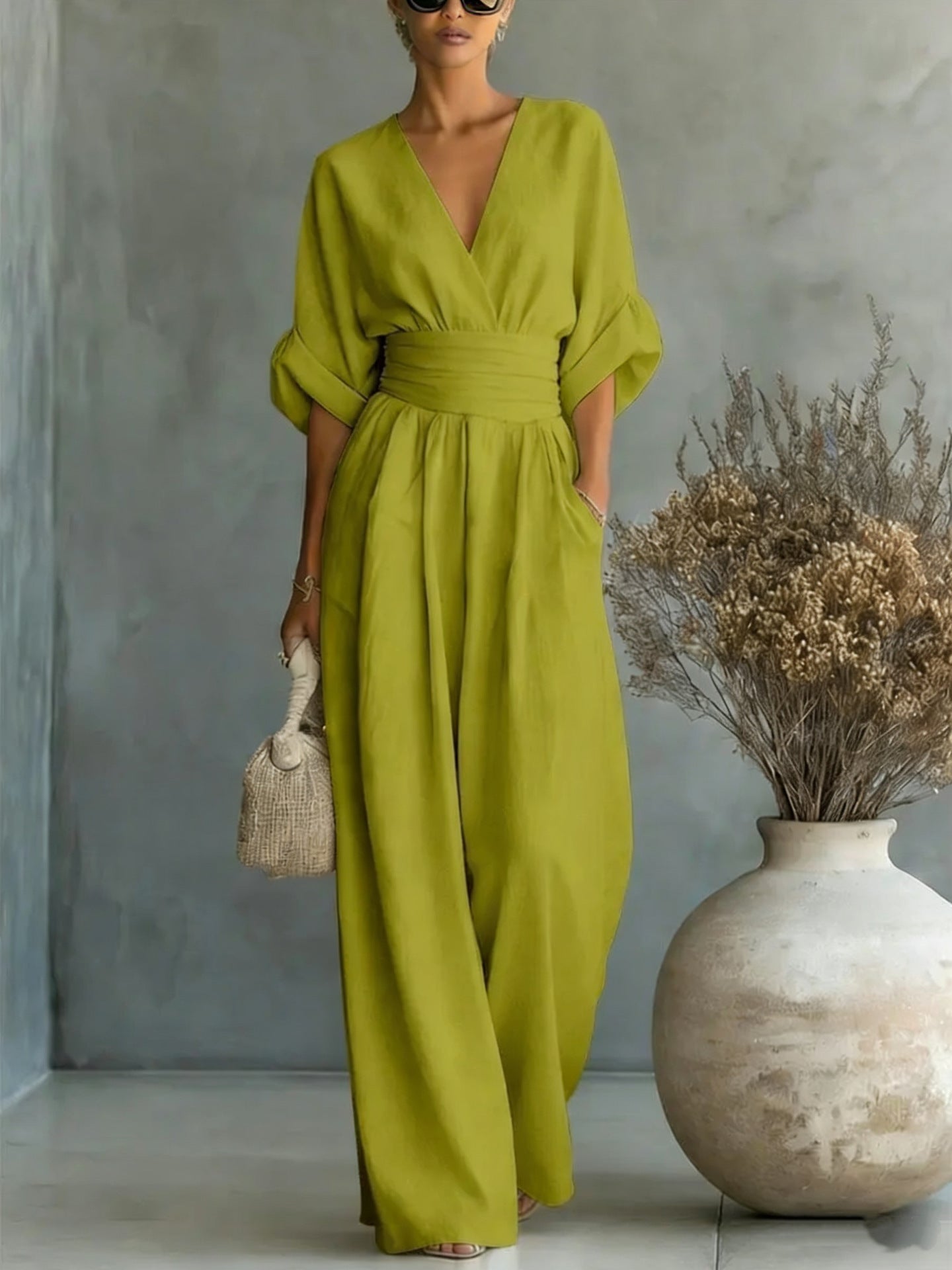 Elegant V Neck Dress with Open Back and Flowy Sleeves