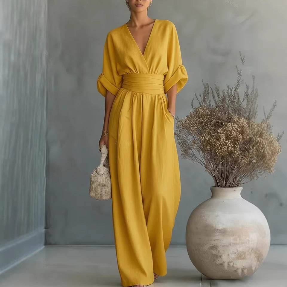 Elegant V Neck Dress with Open Back and Flowy Sleeves