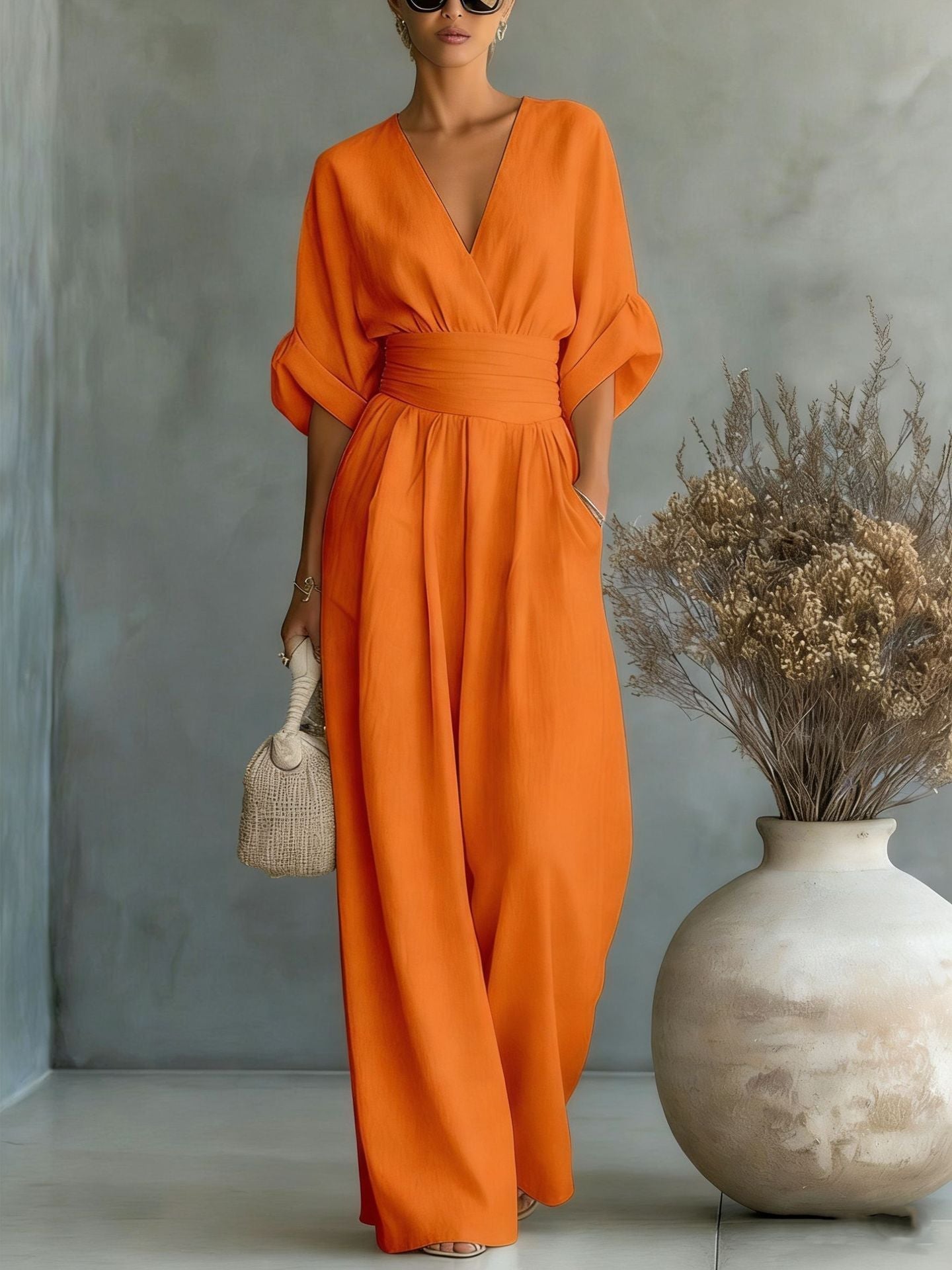 Elegant V Neck Dress with Open Back and Flowy Sleeves