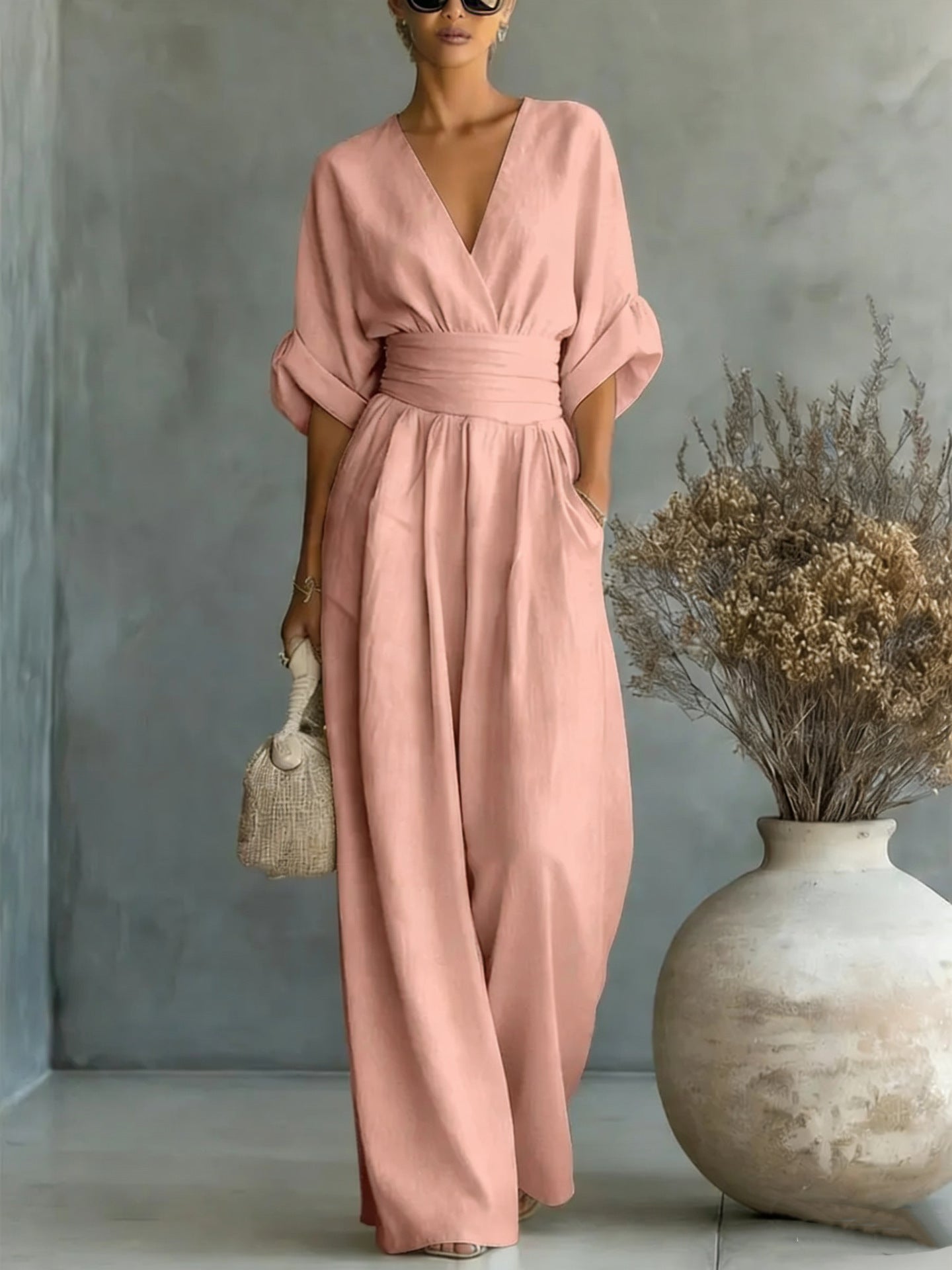 Elegant V Neck Dress with Open Back and Flowy Sleeves