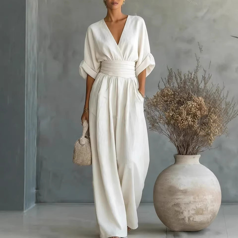 Elegant V Neck Dress with Open Back and Flowy Sleeves