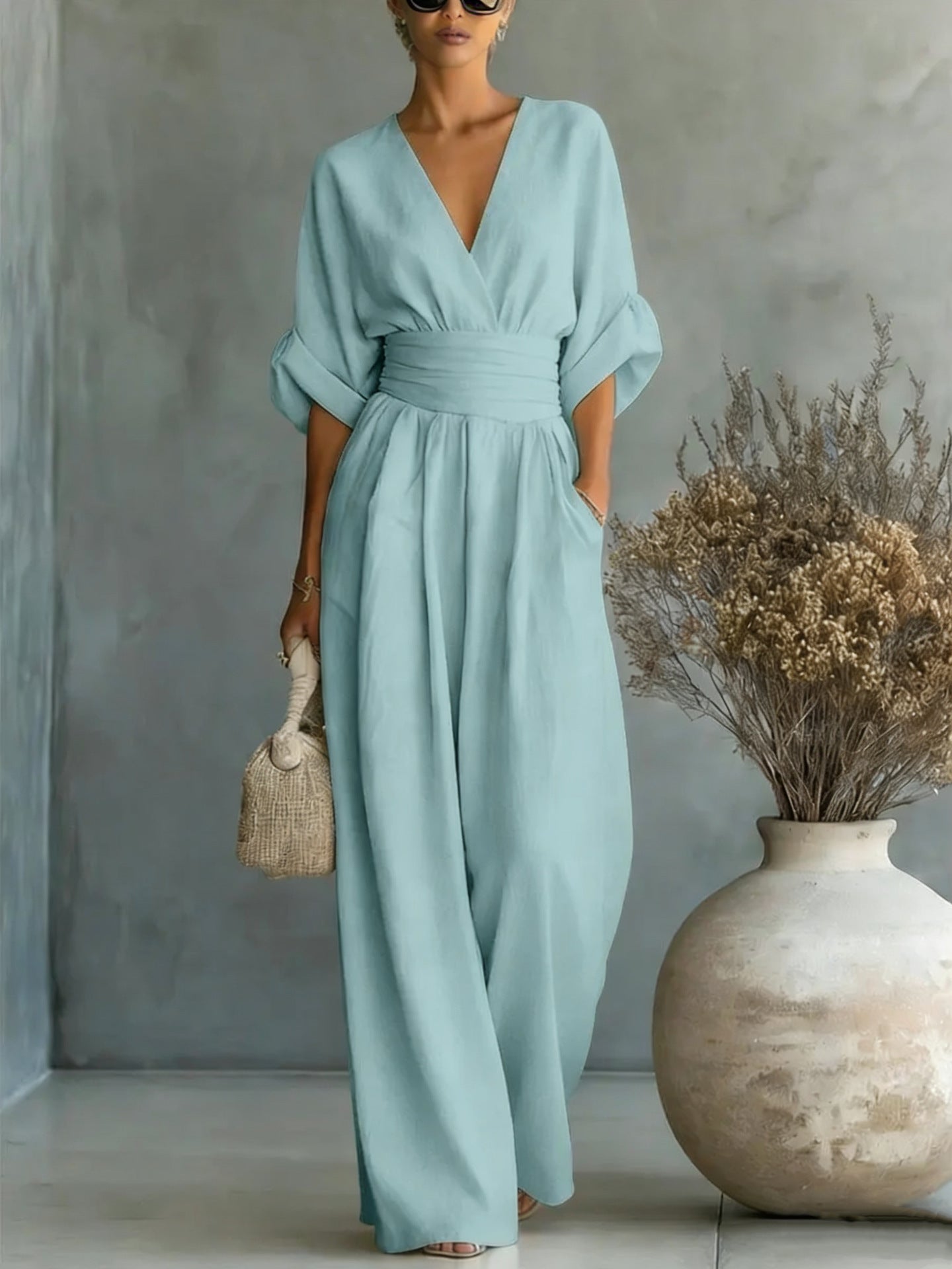 Elegant V Neck Dress with Open Back and Flowy Sleeves