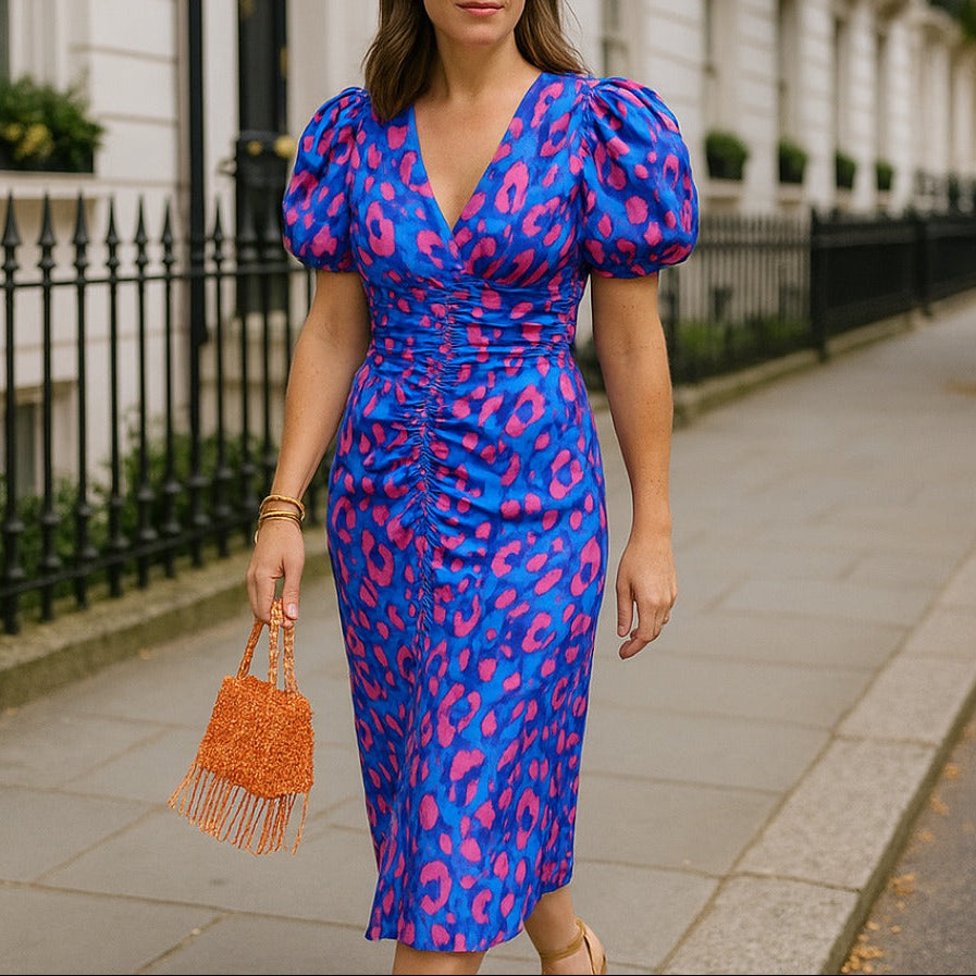Midi Dress with Puff Sleeves