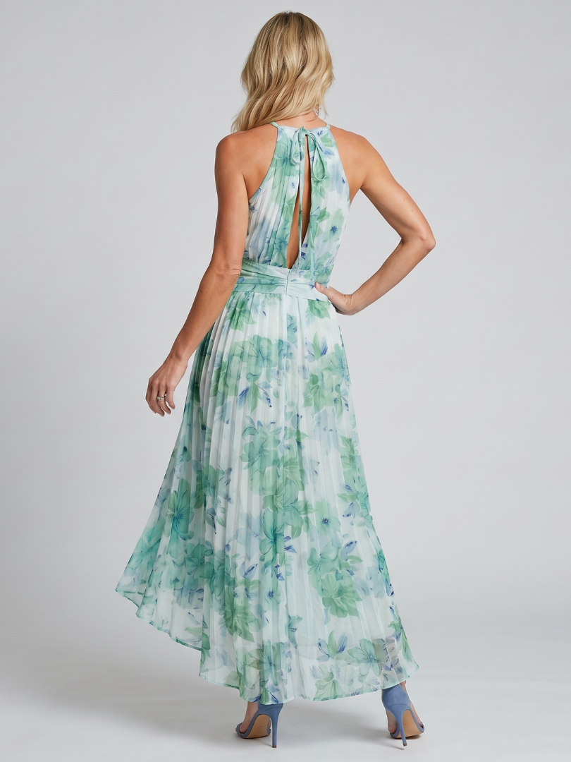 Pleated Crepe Midi Dress with Halter Neck and Floral Print