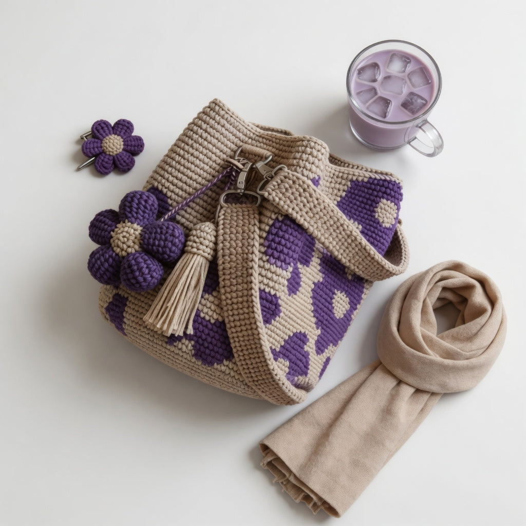 Bohemian Crochet Bag with Handmade Pompom Natural Charm