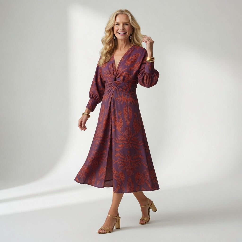 Elegant Printed Wrap Midi Dress
