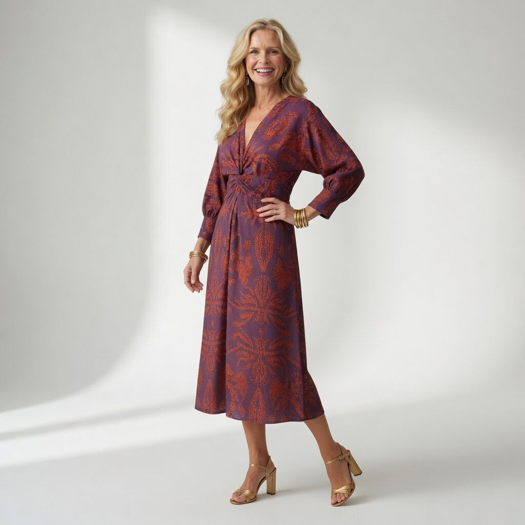 Elegant Printed Wrap Midi Dress