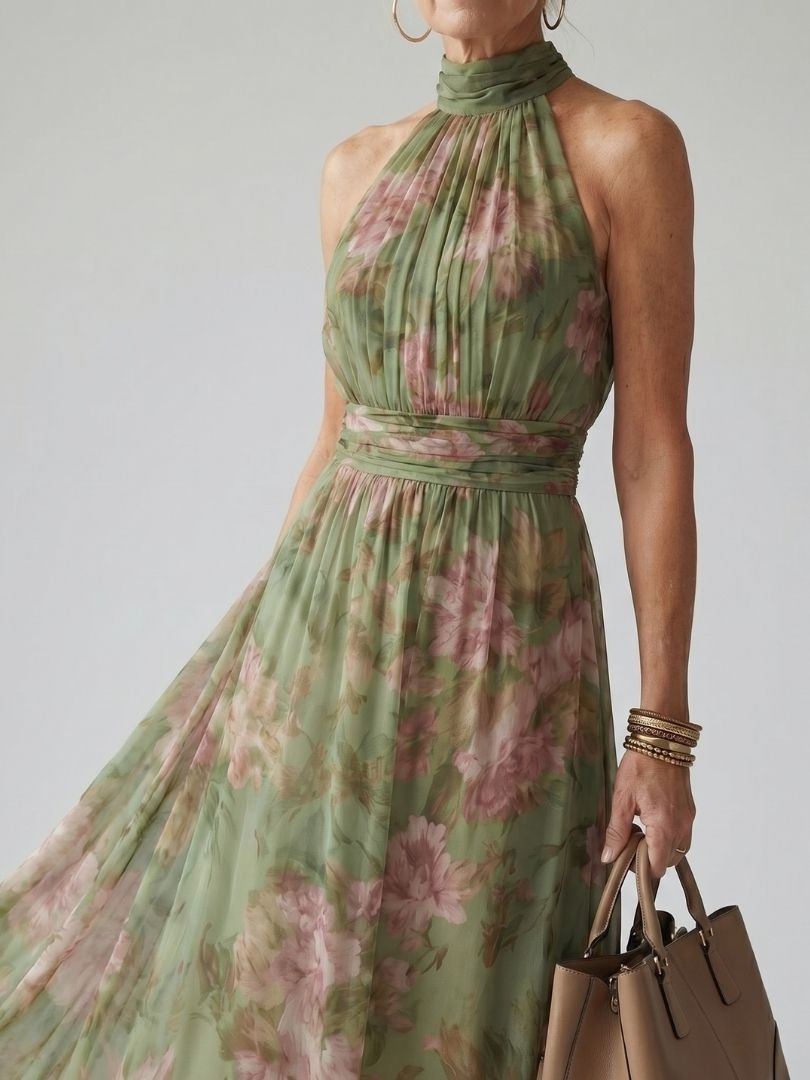 Midi Dress with Gathered Halter Neckline - Mireille