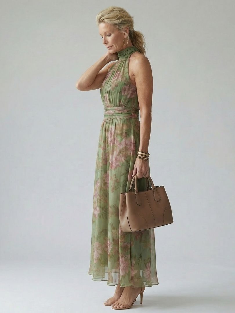 Midi Dress with Gathered Halter Neckline - Mireille