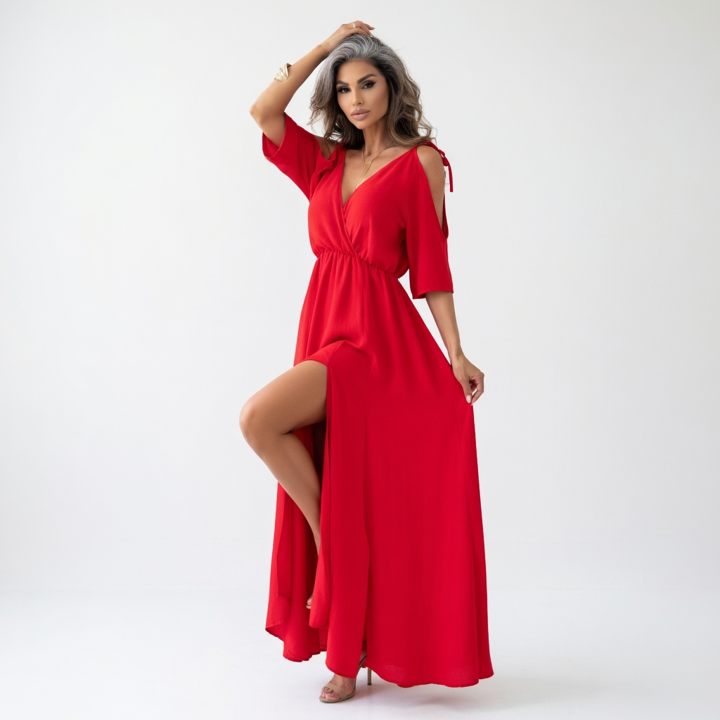 Plunging V Neck Maxi Dress with Butterfly Sleeves and Slit
