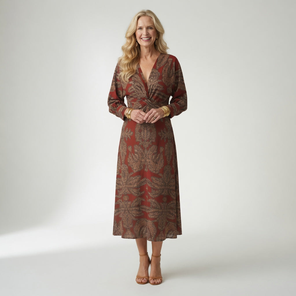 Elegant Printed Wrap Midi Dress