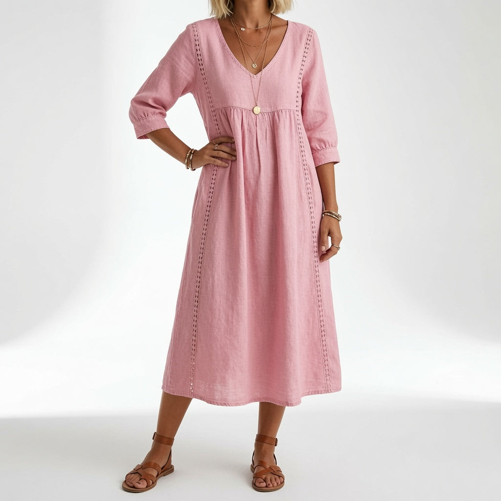 Flowy Midi Dress Natural Elegance - Yellow