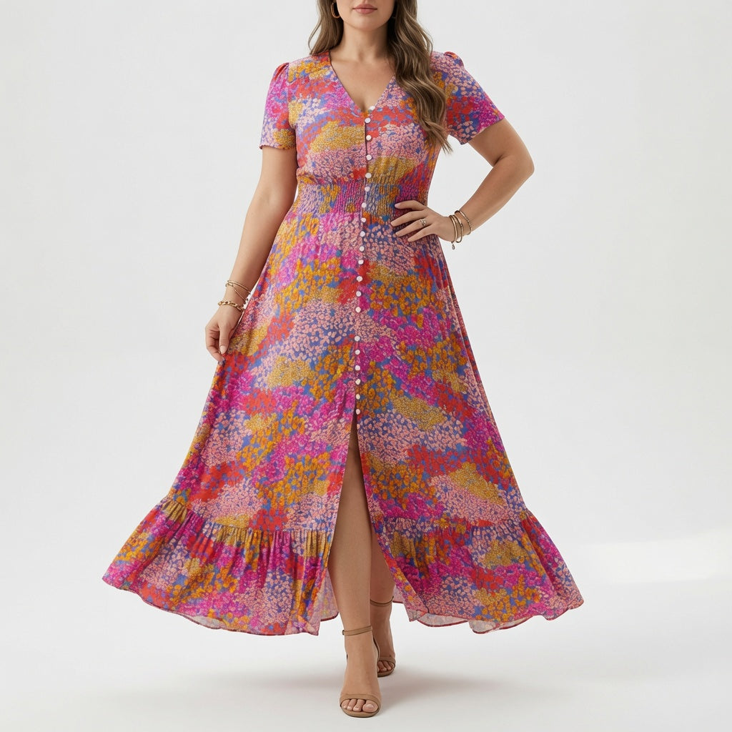 Floral V Neck Maxi Dress with Romantic Slit