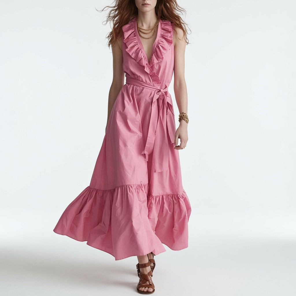 V Neck Maxi Dress with Ruffles and Elegant Belt