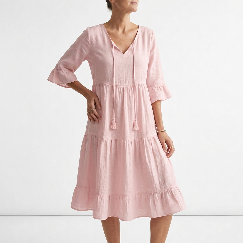 Smocked V Neck Dress with Ruffle Sleeves