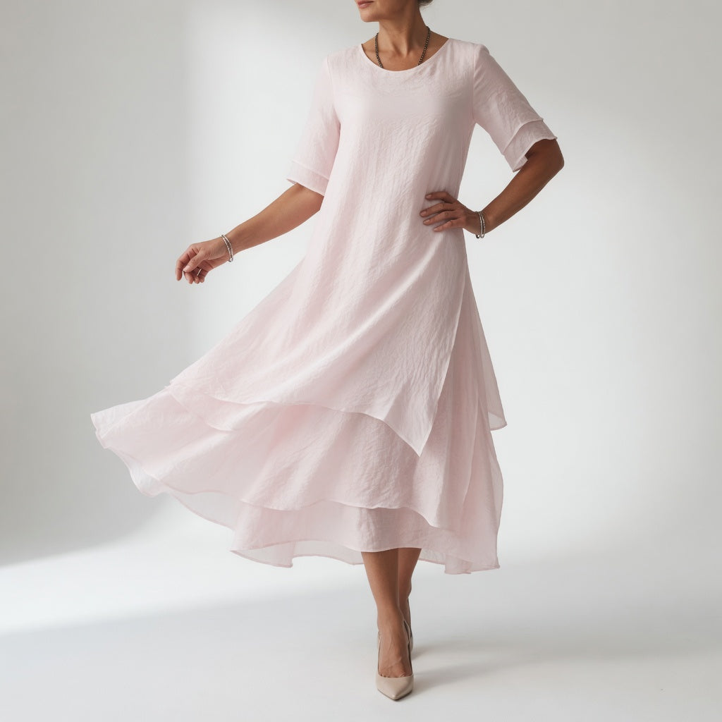 Layered Midi Dress with Short Sleeves and Asymmetric Hem