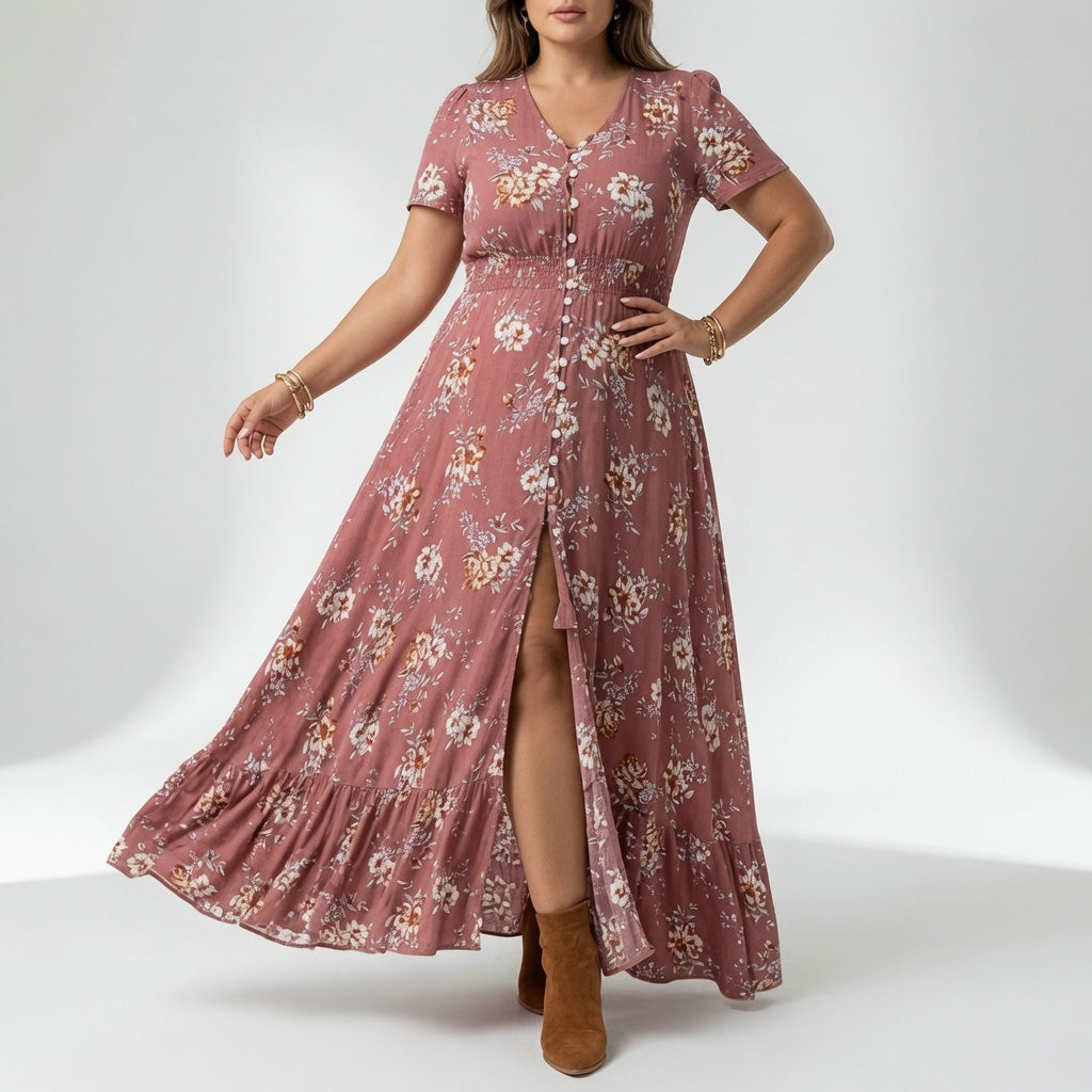 Floral V Neck Maxi Dress with Romantic Slit