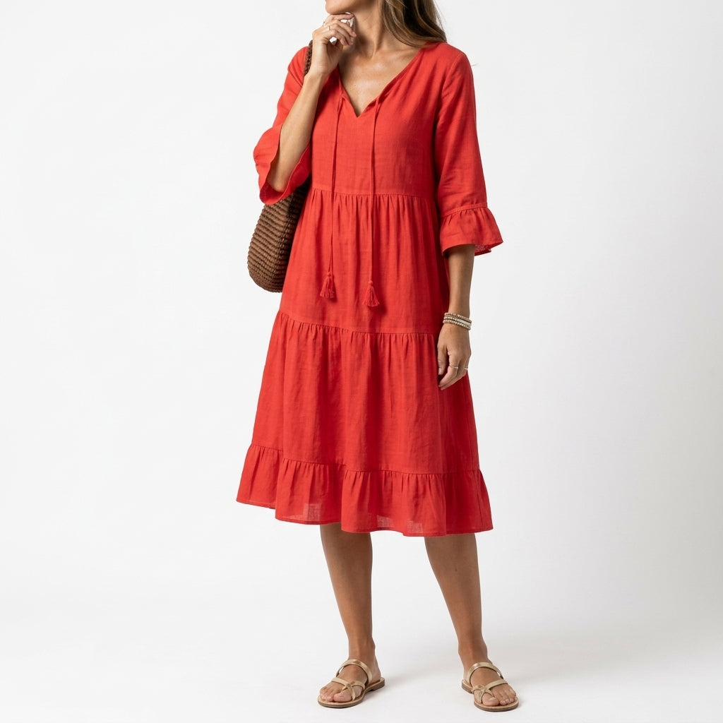 Smocked V Neck Dress with Ruffle Sleeves
